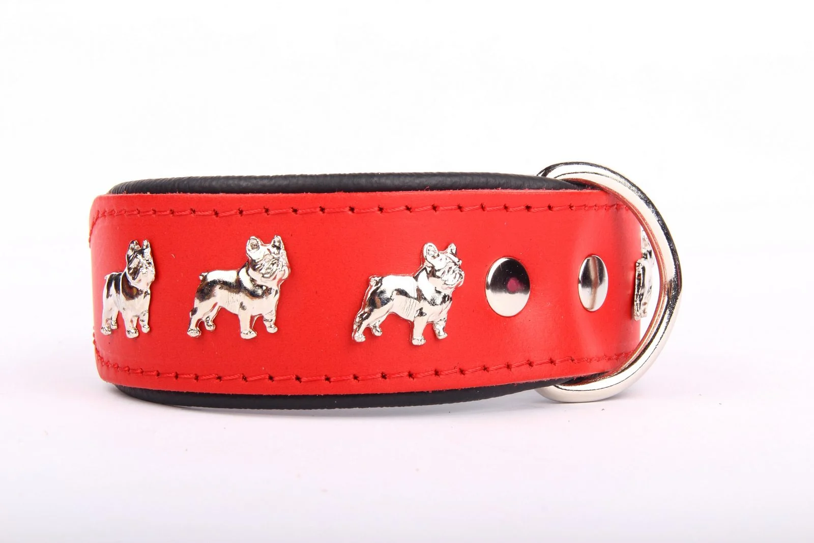 Francia Bulldog bőr nyakörv - Piros/Fekete